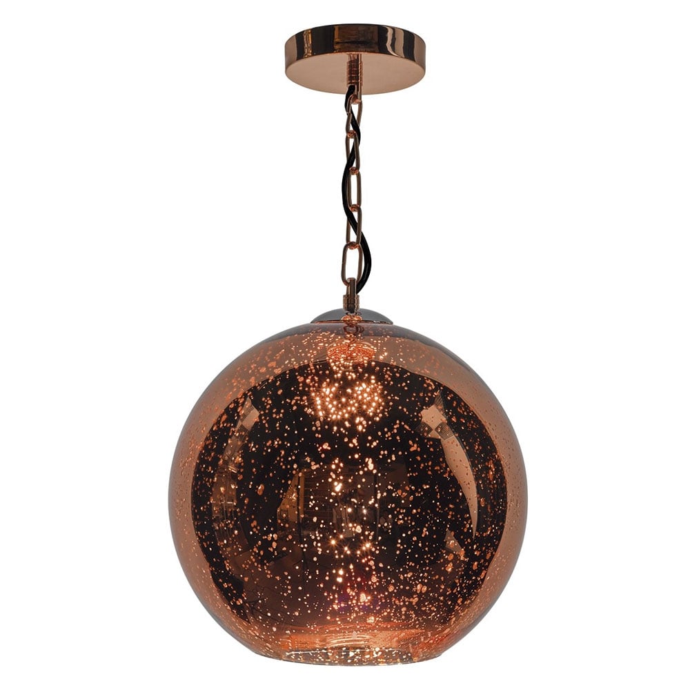 Copper-colored glass globe pendant light with a speckled, reflective finish, hanging from a chain.