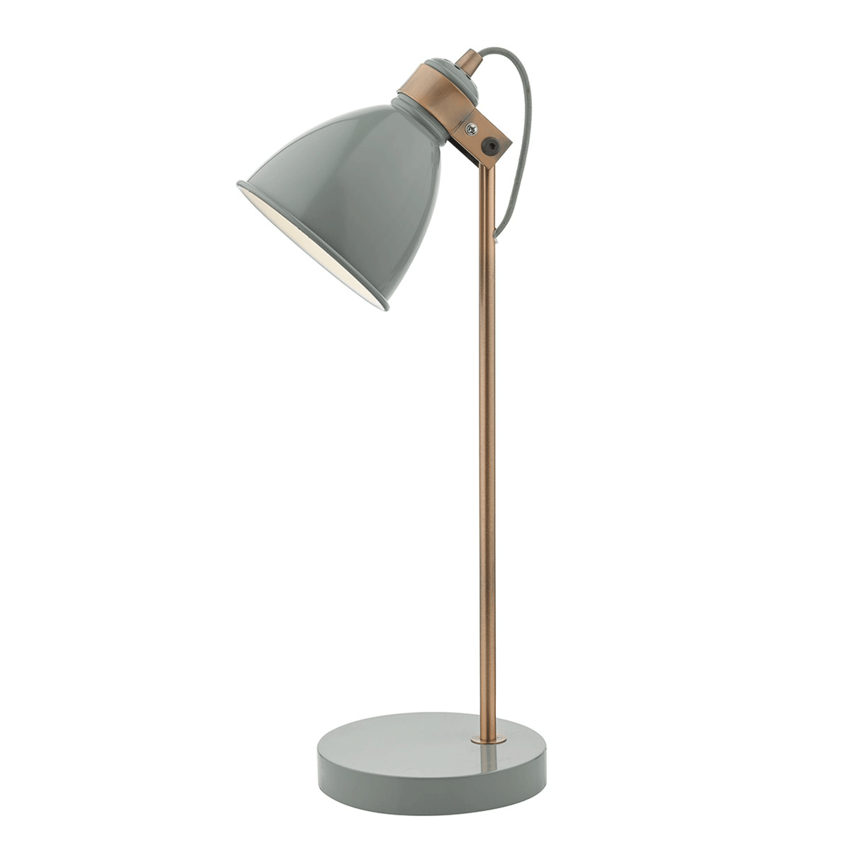 Adjustable desk lamp with a gray shade, a copper-colored stand, and a round gray base.