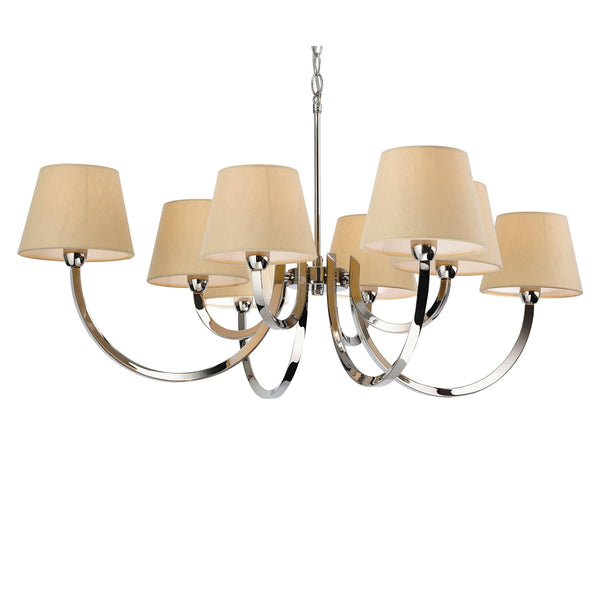 Fairmont Eight Light Chandelier in Polished Stainless Steel with Cream Linen Shades