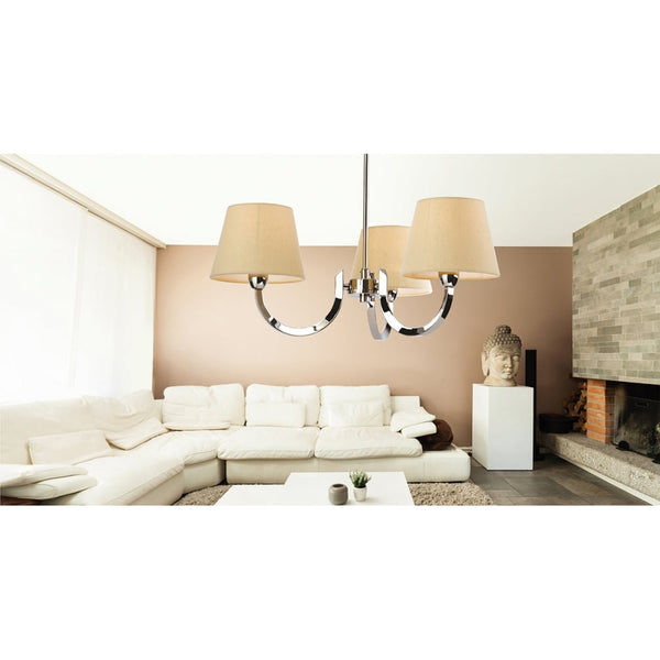 Fairmont Three Light Chandelier in Polished Stainless Steel with Cream Linen Shades