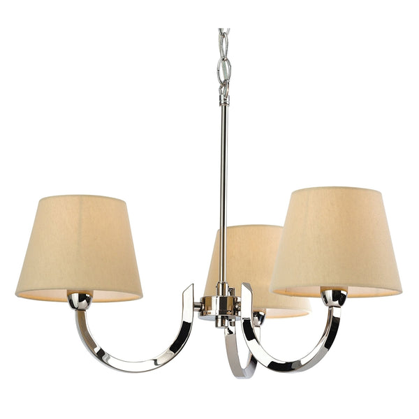 Fairmont Three Light Chandelier in Polished Stainless Steel with Cream Linen Shades