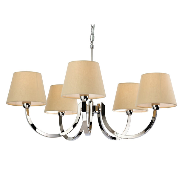 Fairmont Five Light Chandelier in Polished Stainless Steel with Cream Linen Shades