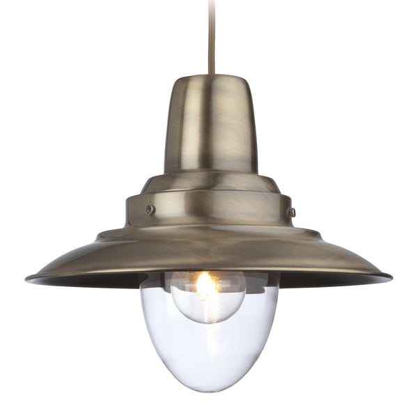 Fisherman Pendant Finished in Antique Brass with a Clear Glass Lamp Enclosure