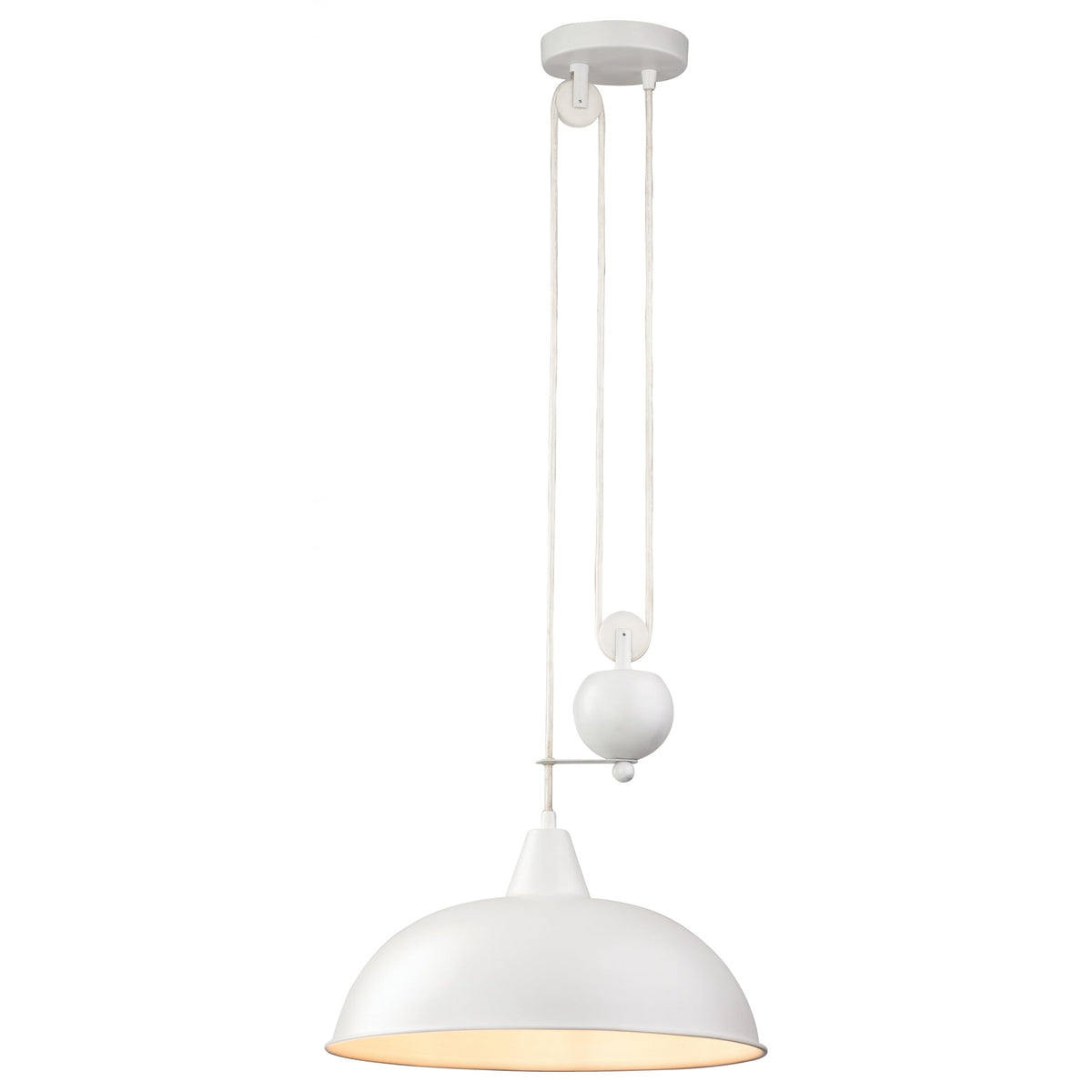 A full-length view of a white adjustable pendant light with a domed shade.