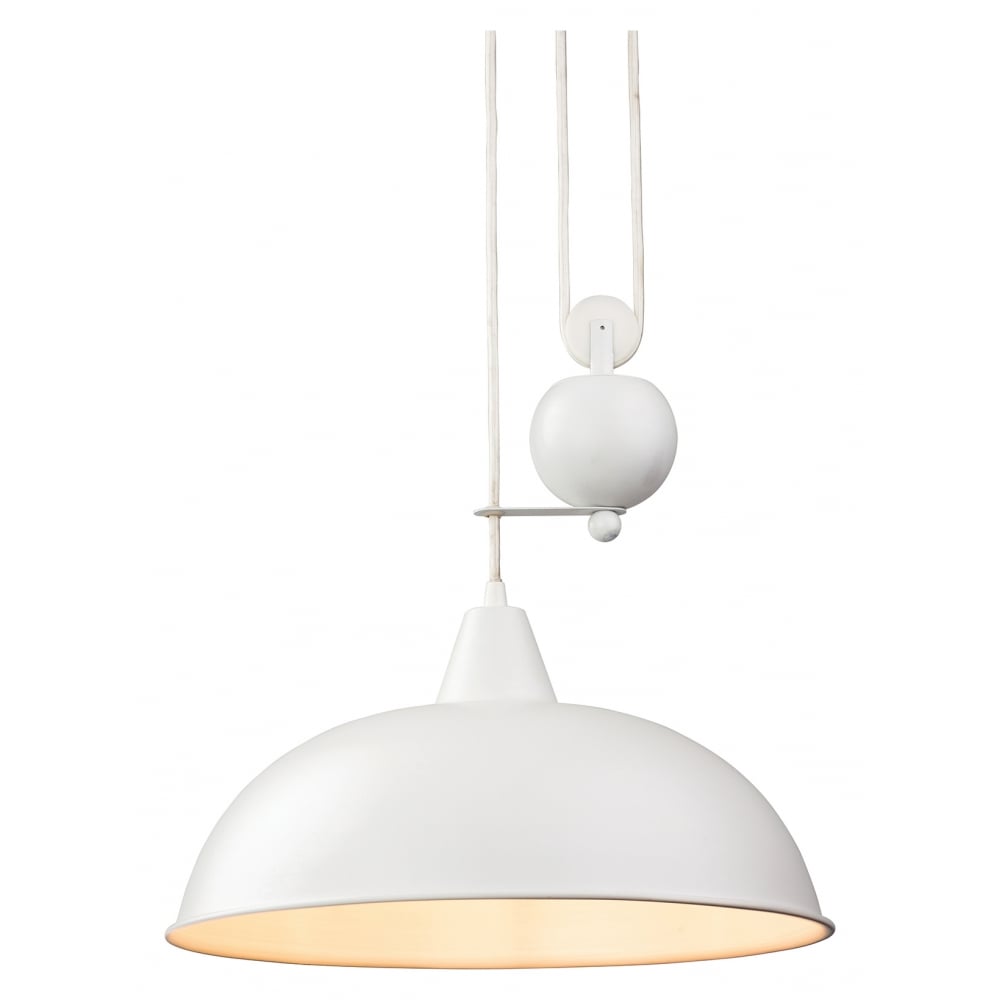 A white pendant light, with a rounded dome shade, on a white rope-and-pulley system.