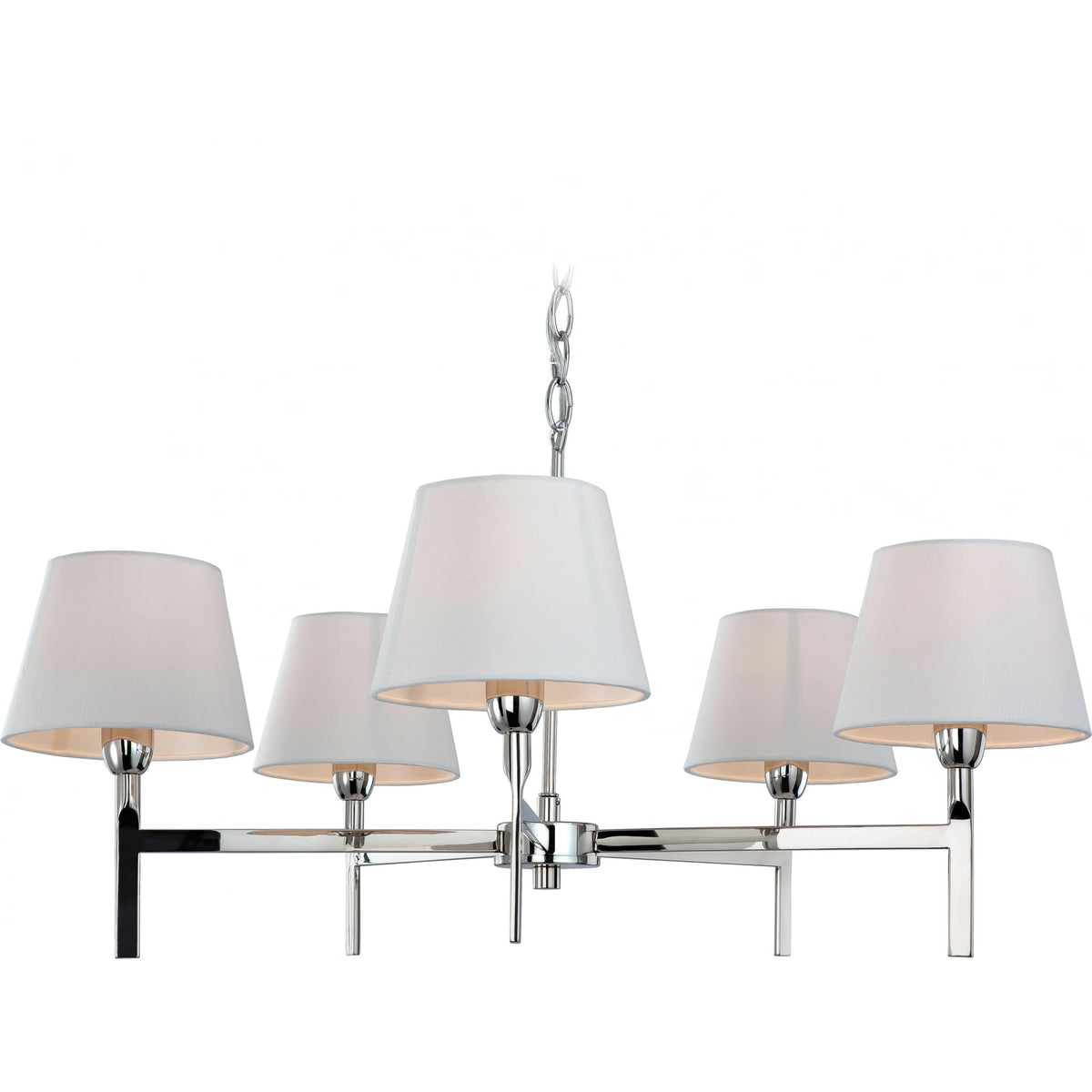 A contemporary five-light chandelier with white shades and a polished chrome finish.