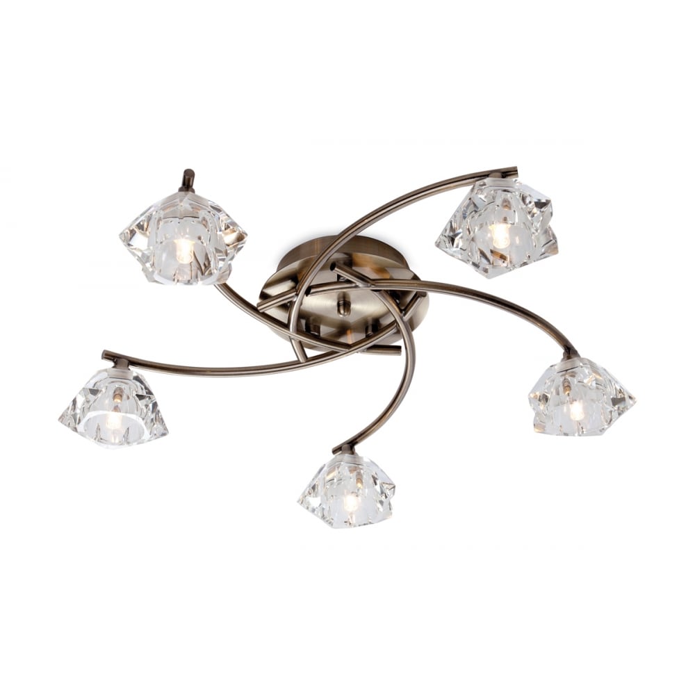 Clara 5 Light Flush Fitting in Antique Brass with Clear Decorative Glass