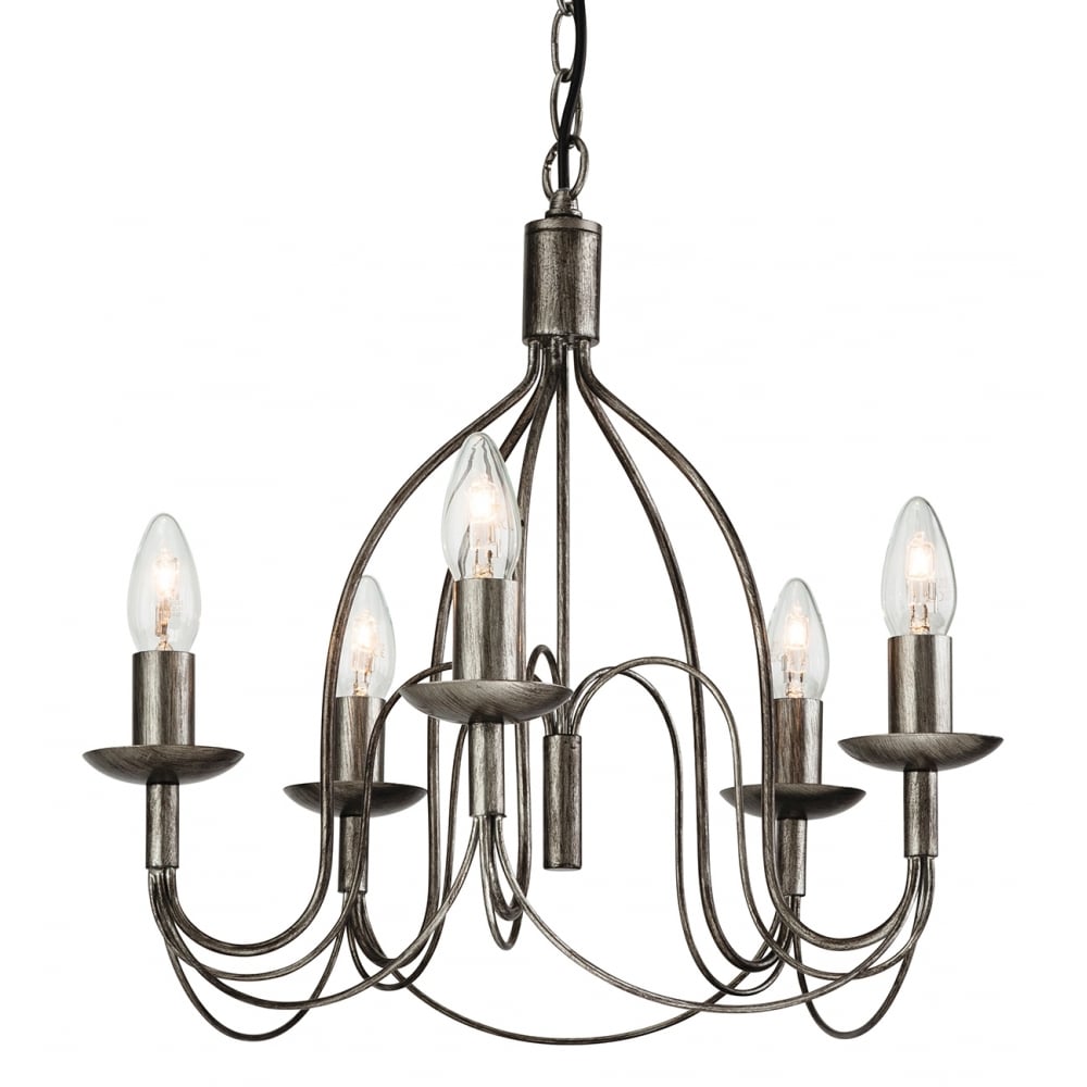 A rustic, five-arm chandelier in an antique pewter finish, with exposed candle-style bulbs.