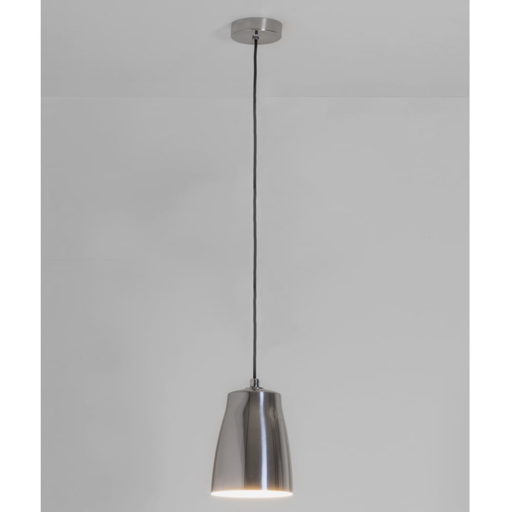 Brushed steel pendant light with a black cord and a round ceiling rose