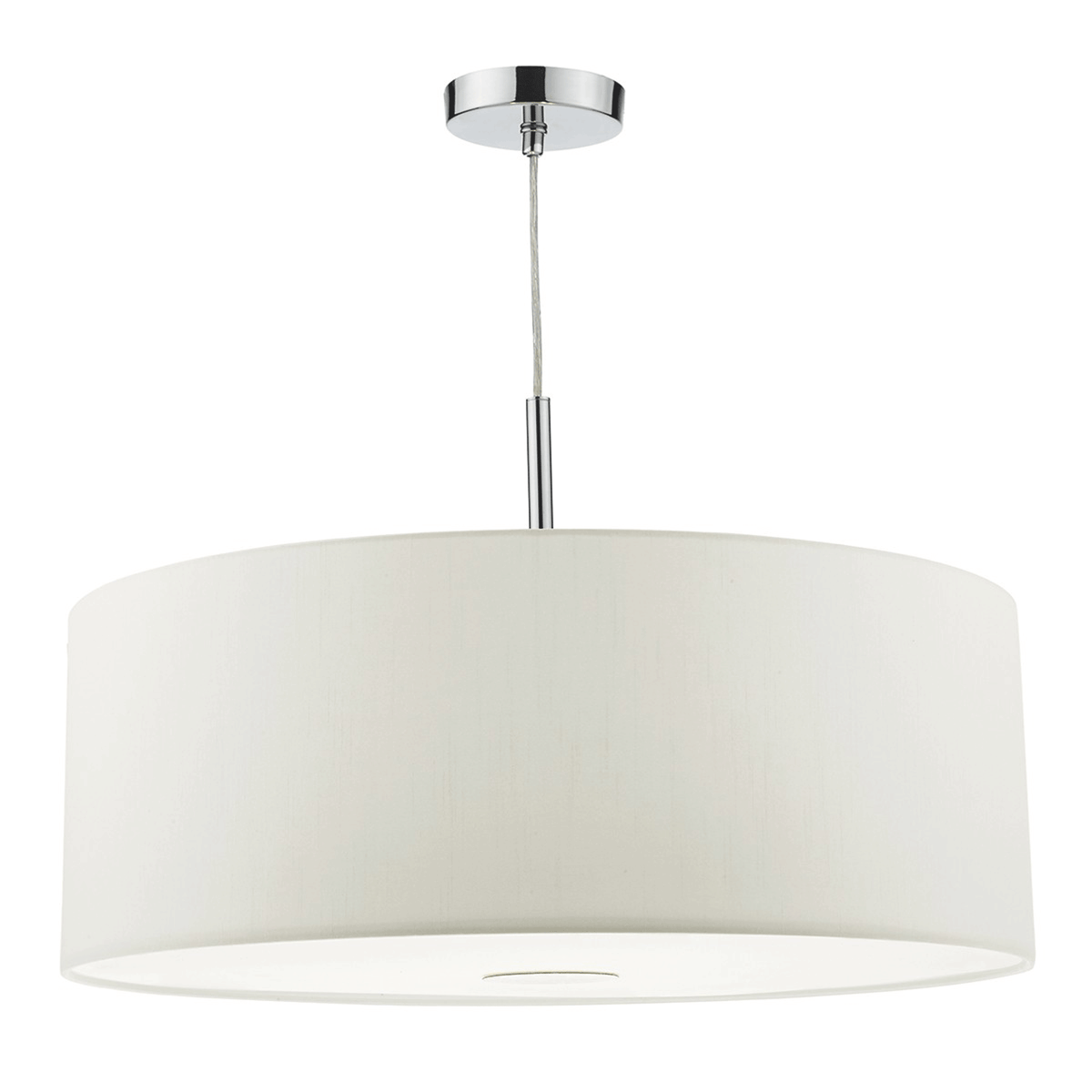 White drum pendant light with a chrome ceiling rose and suspension rod.