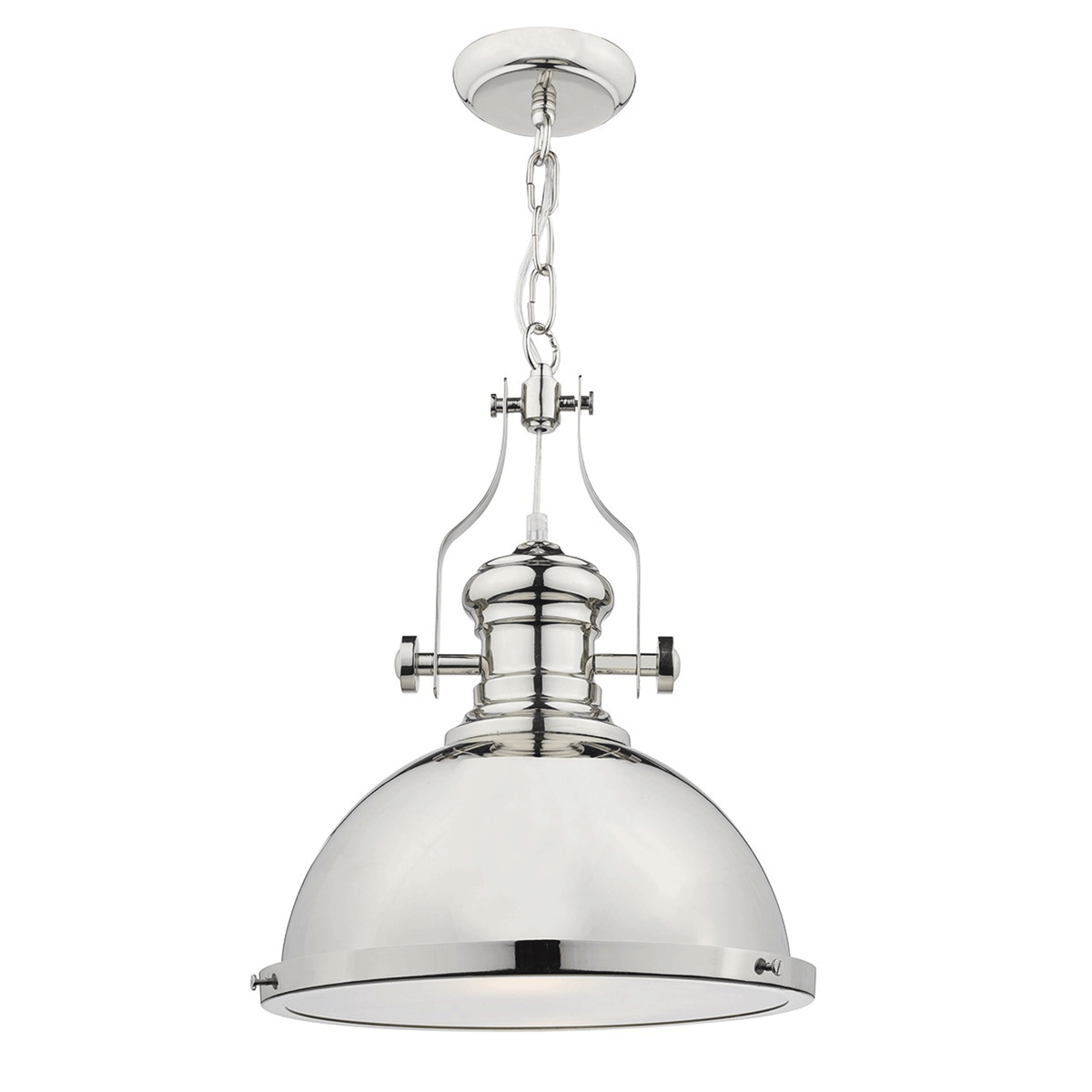Polished nickel pendant light with a domed shade and decorative arms.