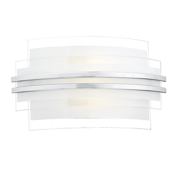 A modern chrome wall sconce with curved clear and frosted glass layers.
