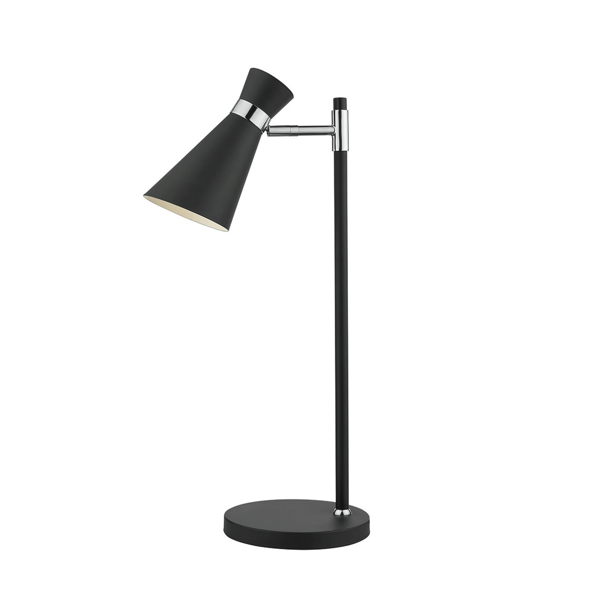 A black desk lamp with a conical shade, chrome accents, and a round base.