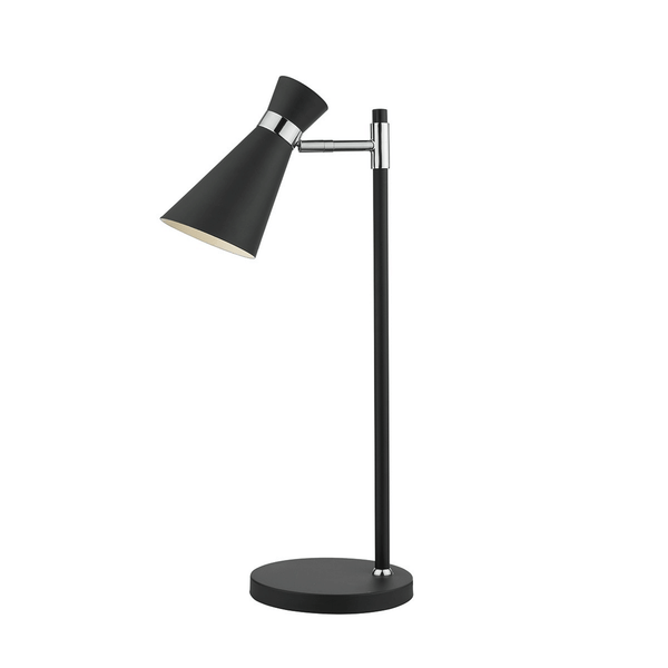 A black desk lamp with a conical shade, chrome accents, and a round base.
