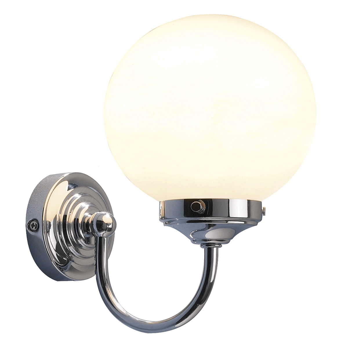 A polished chrome wall light with a white globe shade, emitting a warm glow.