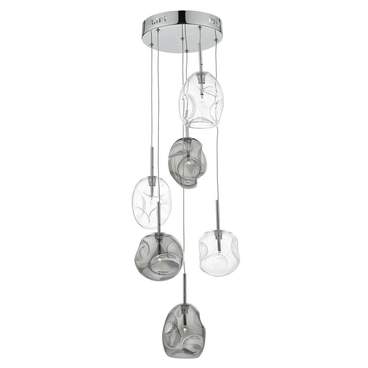 Modern chandelier with six clear and smoked glass shades of varying organic shapes.