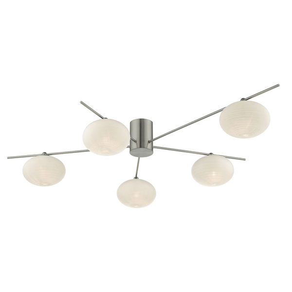 Jasper 5 Light Semi Flush Ceiling Light In Satin Nickel With Opal Glass Shades