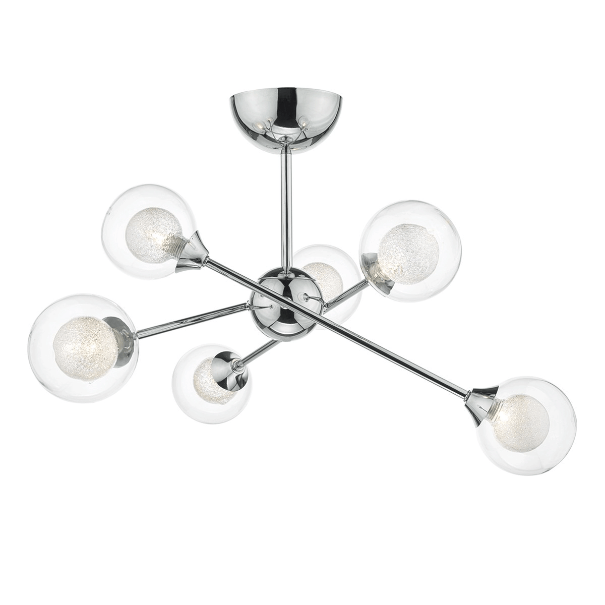Chrome ceiling light with six clear glass globes, each containing a frosted, glittery bulb.