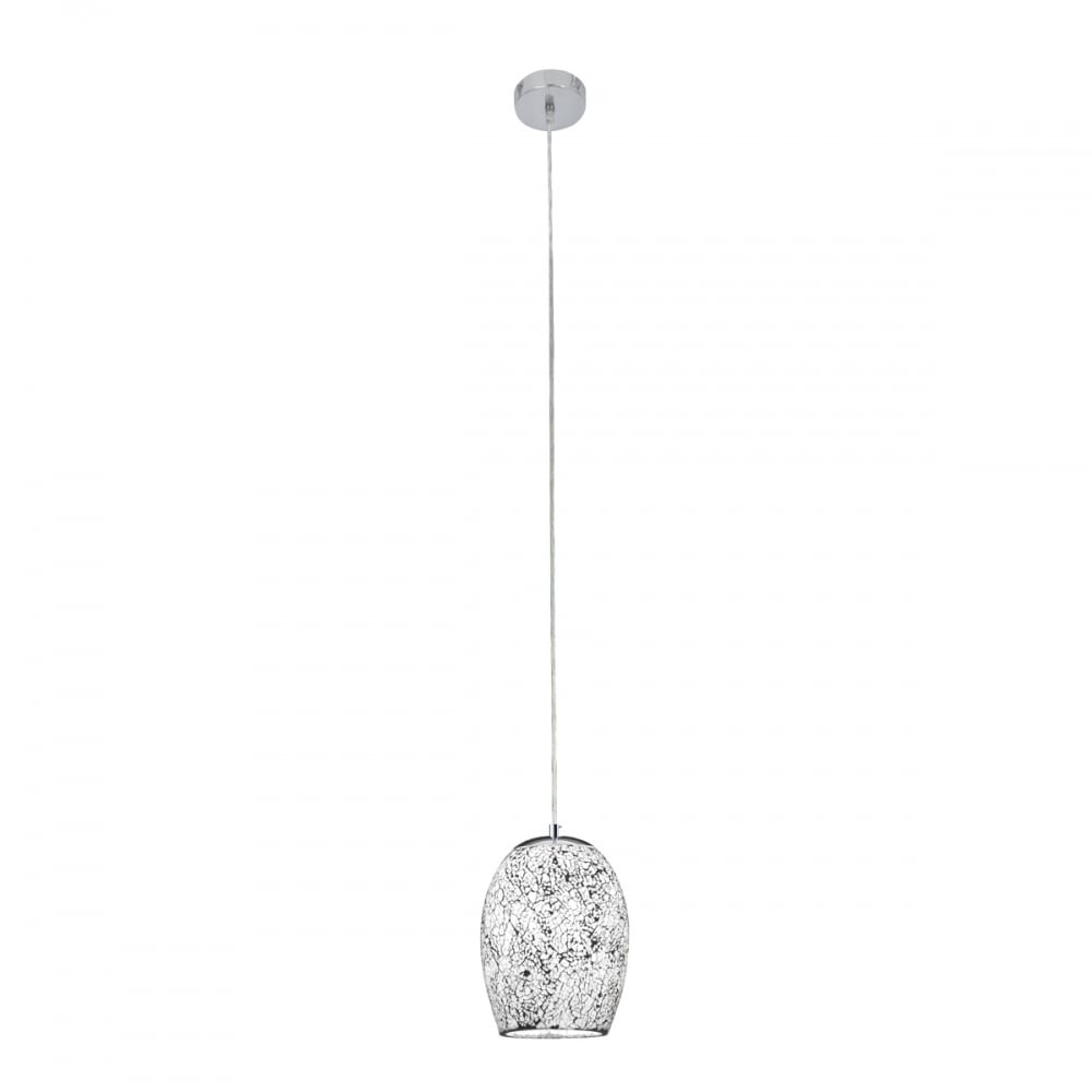 A full view of a pendant light with a white and black mosaic crackle glass shade.