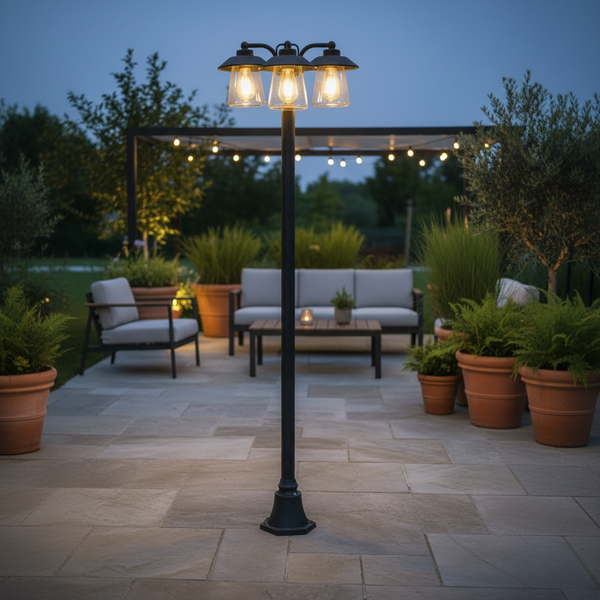 A three-lamp post light illuminates a patio with outdoor furniture and potted plants at dusk.