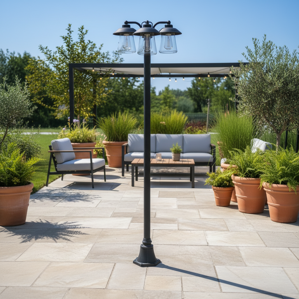 Outdoor patio with a black three-light lamp post, grey sofa, armchair, and potted plants.