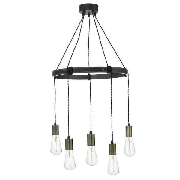A black industrial-style chandelier with five exposed bulbs, perfect for modern interiors.