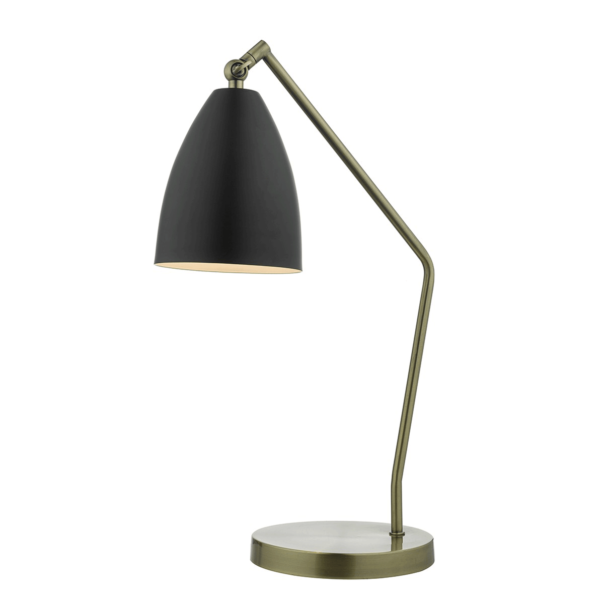 A black and gold desk lamp with an adjustable arm and a conical shade.