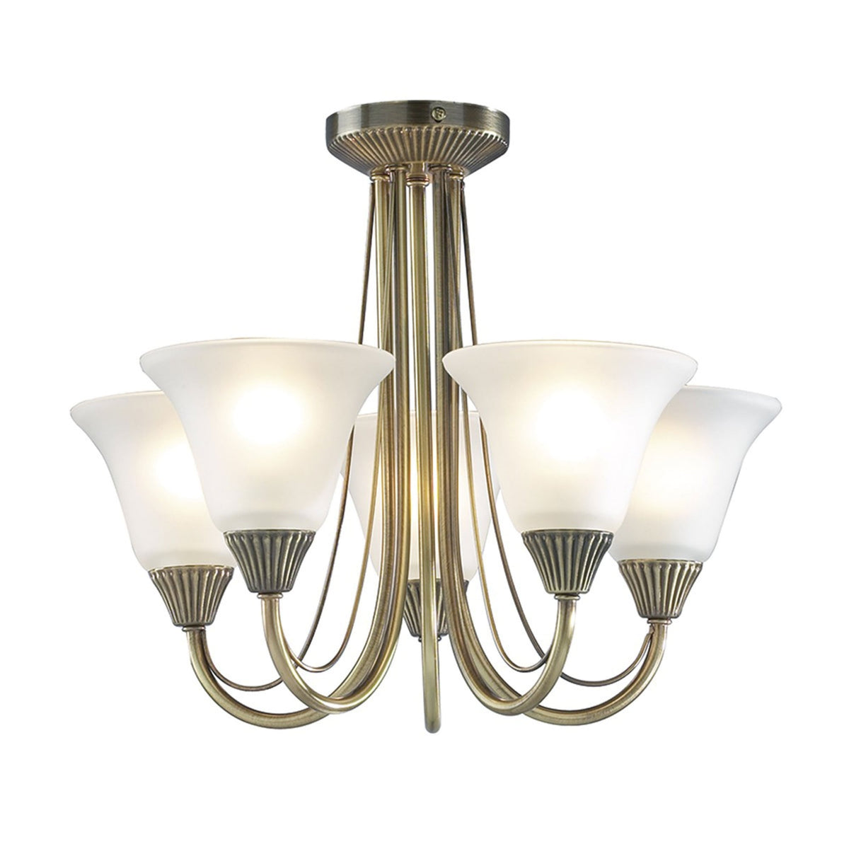 Antique brass chandelier with five frosted glass shades, illuminated and casting a warm glow.