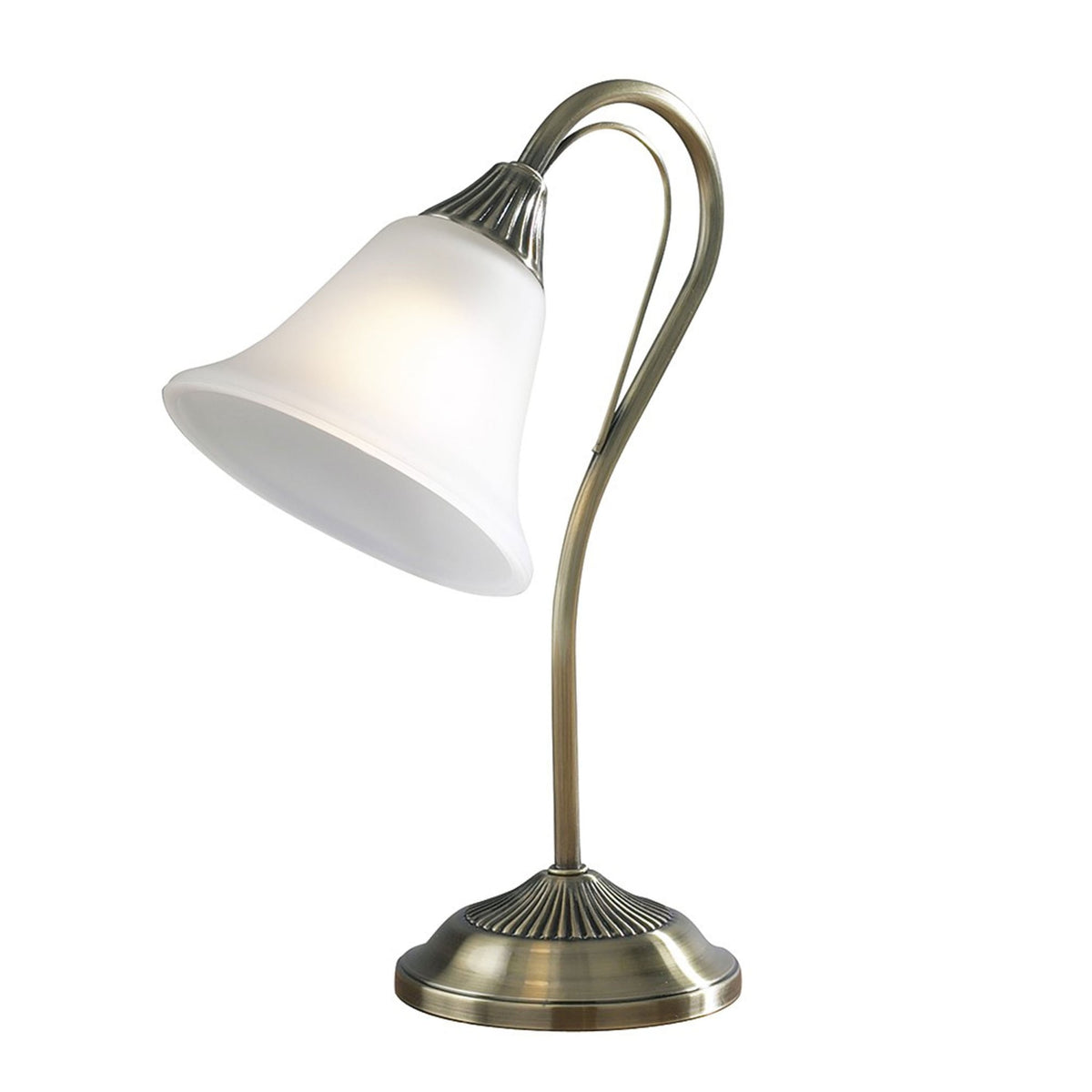 Antique brass desk lamp with a curved arm and a frosted white bell-shaped shade.