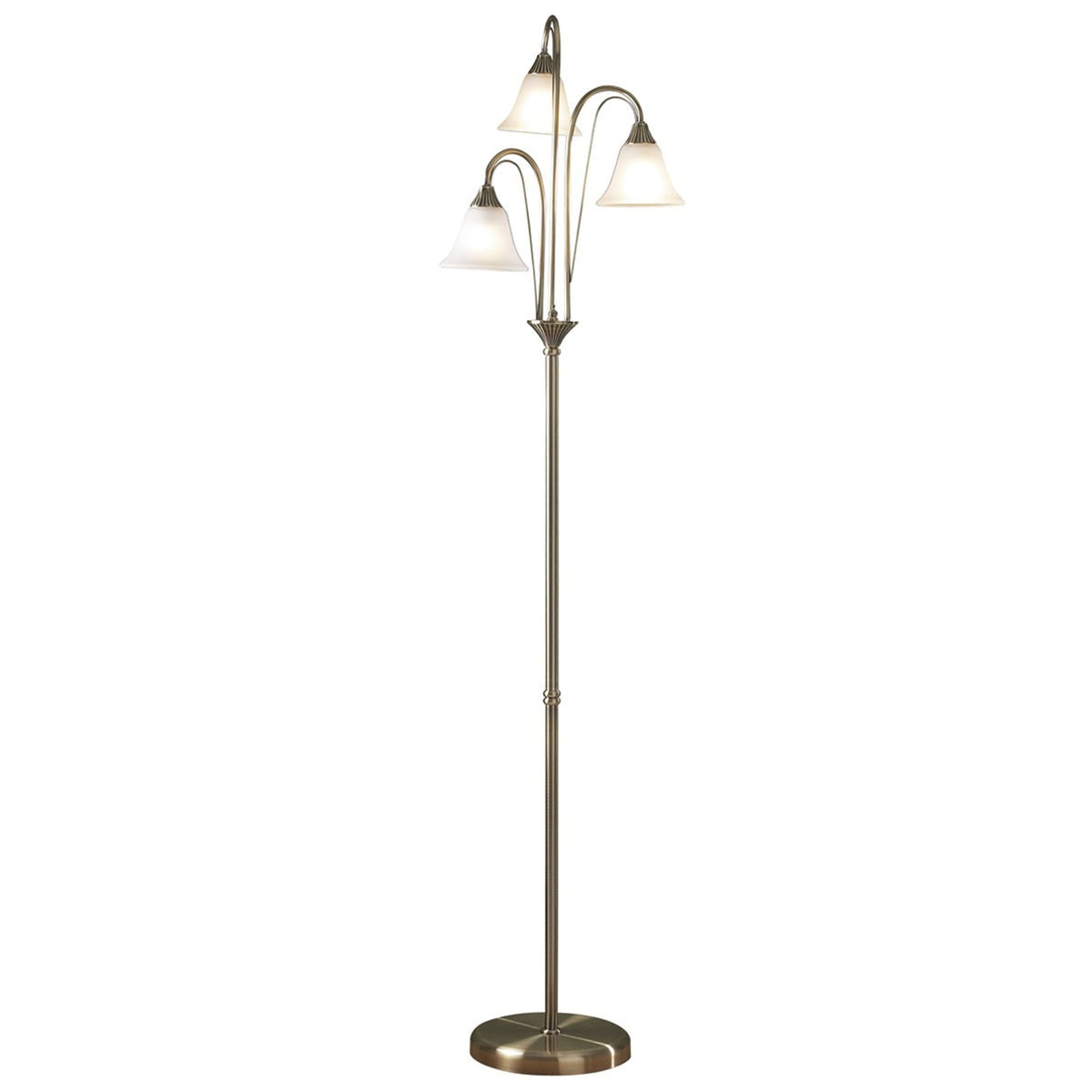 A bronze floor lamp with three frosted glass shades on curved arms.