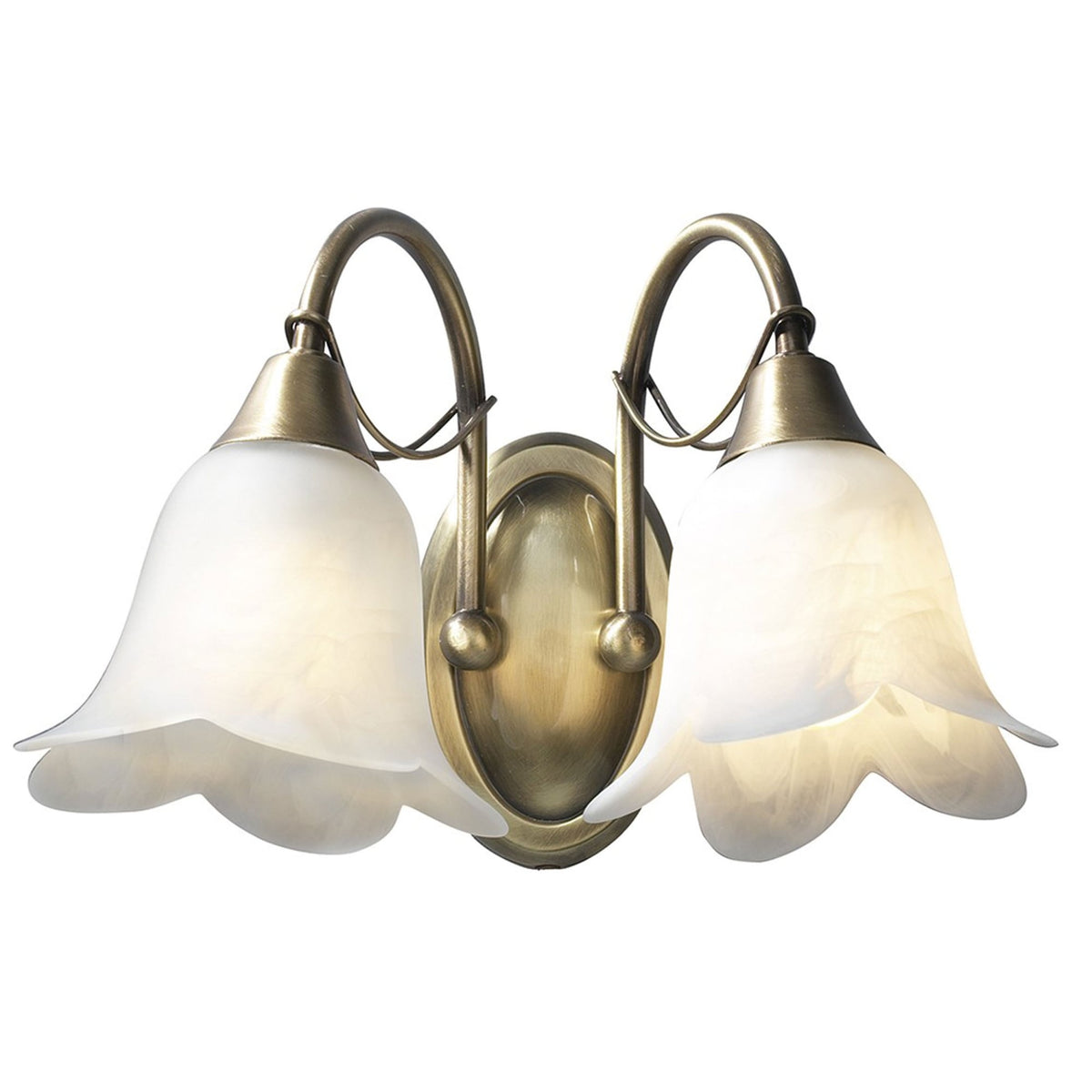 Classic brass wall light with two frosted glass shades, ideal for traditional interiors.