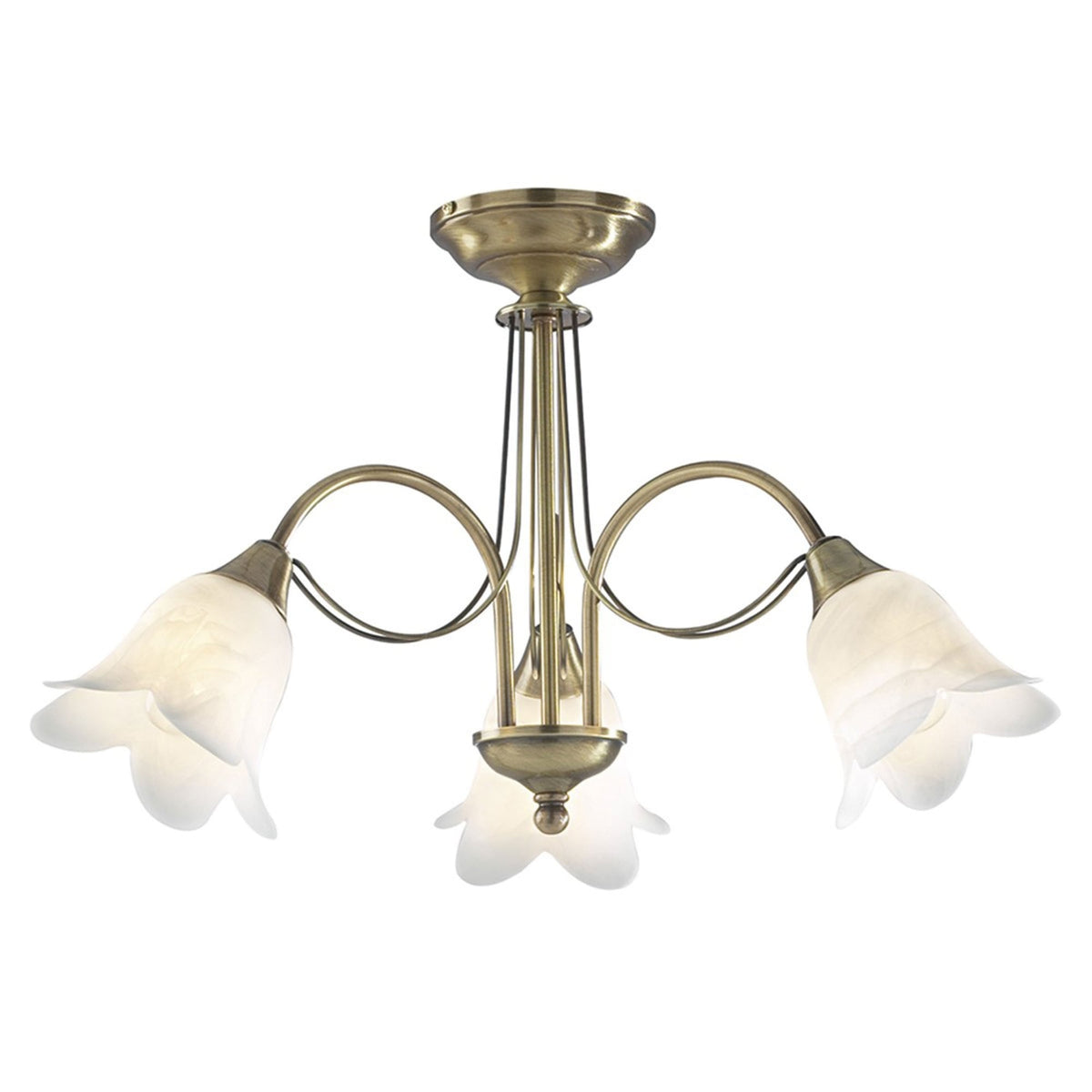A decorative ceiling light with an antique brass finish and three upward-facing frosted glass shades.