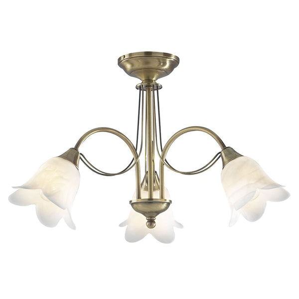 A decorative ceiling light with an antique brass finish and three upward-facing frosted glass shades.