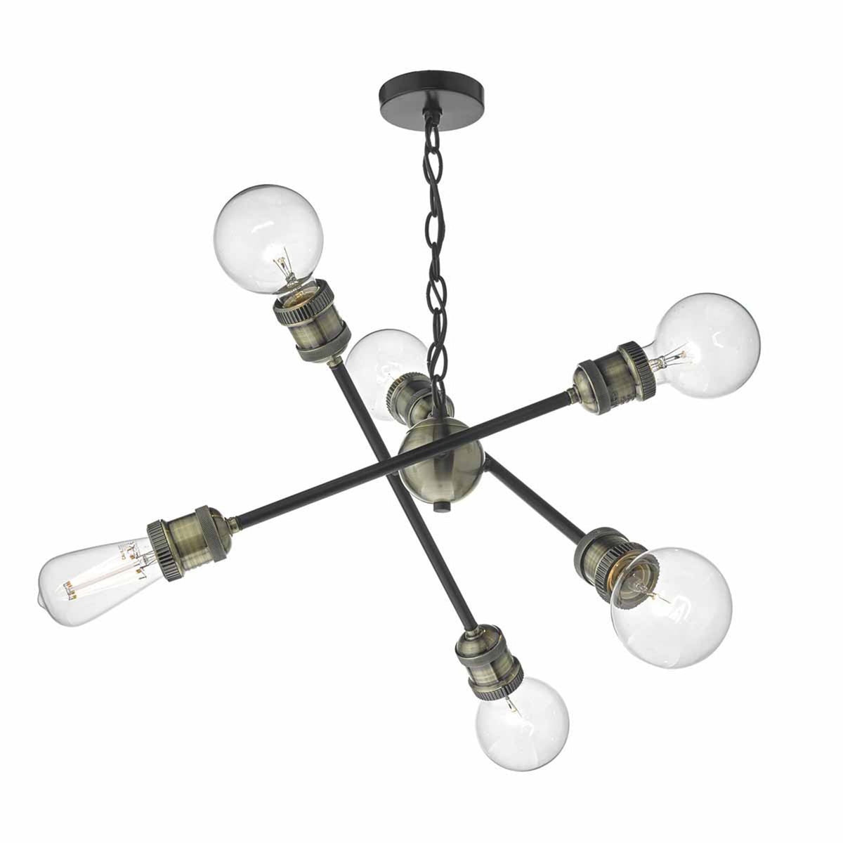 Black and brass chandelier with six exposed clear bulbs, hanging from a black chain.