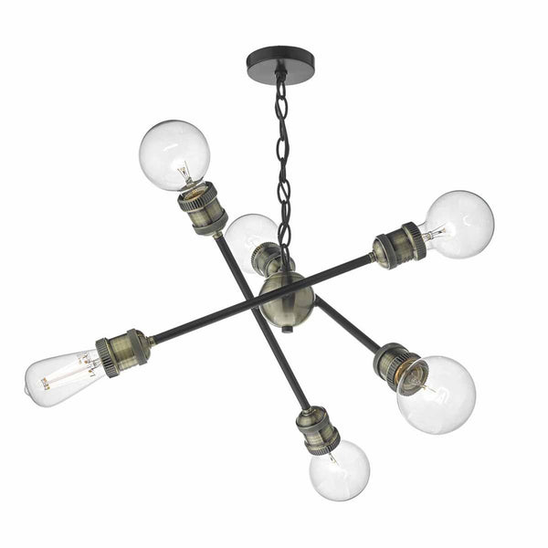 Brigade Six Light Pendant in Black and Antique Brass