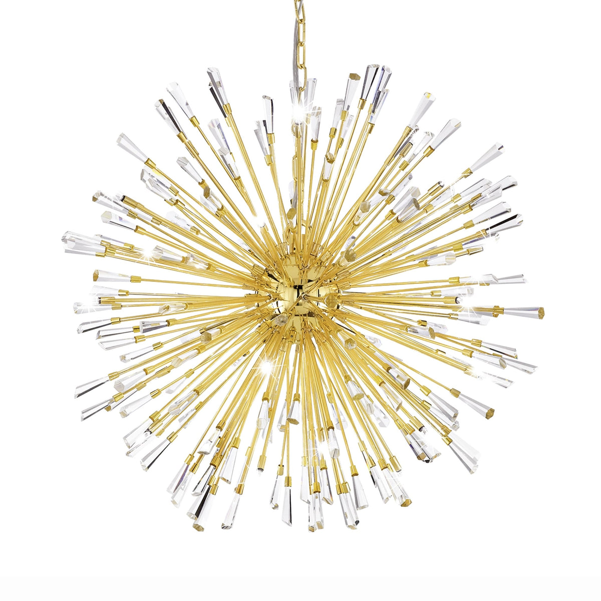 A gold pendant light with crystal rods on a white background.
