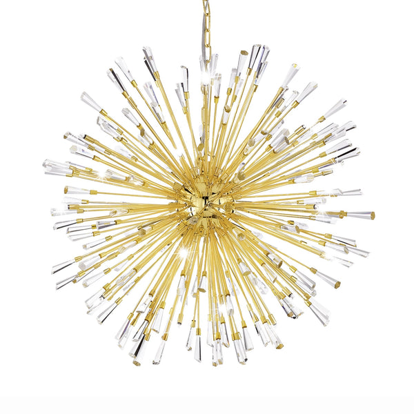 A gold pendant light with crystal rods on a white background.