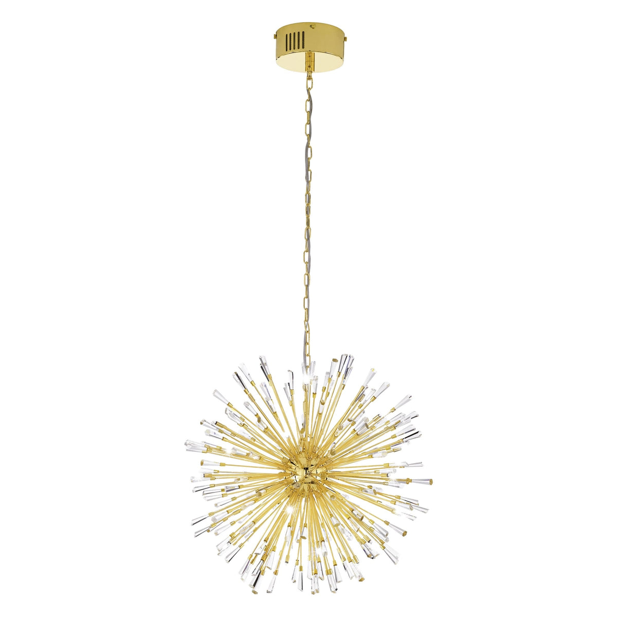 A gold pendant light with crystal rods hanging from a ceiling, against a white background.