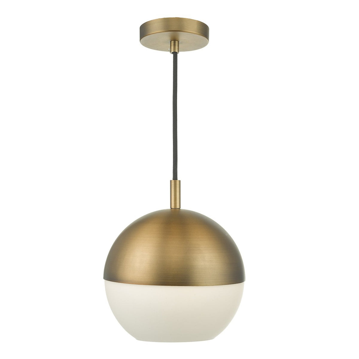 A brass and white spherical pendant light hangs from a black cord and brass ceiling plate.