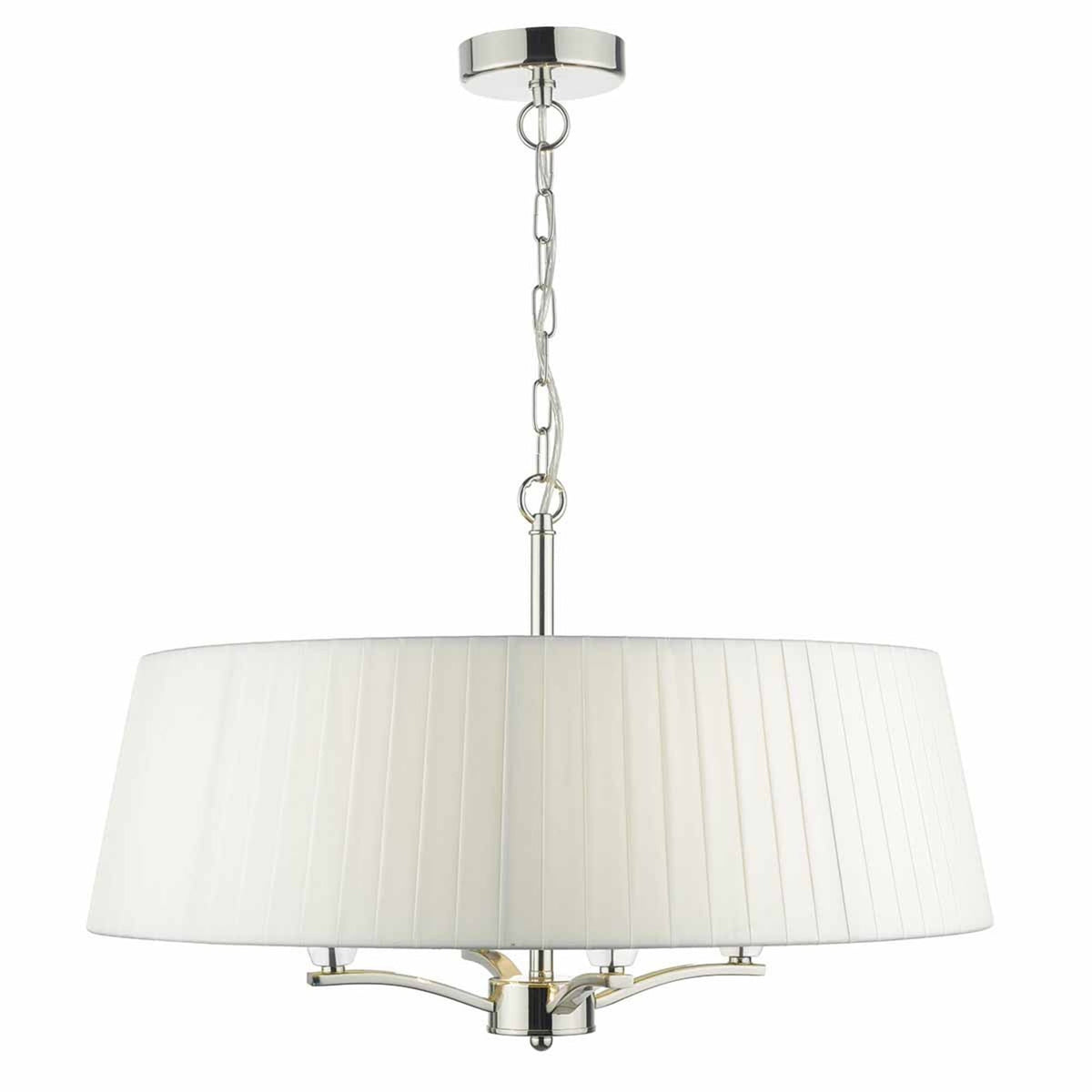 A white and silver chandelier with a pleated lampshade.
