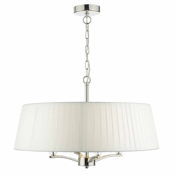 A white and silver chandelier with a pleated lampshade.