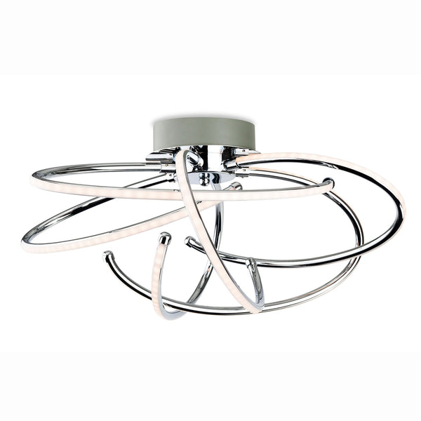 A modern chrome ceiling light with concentric rings and integrated LED strips.