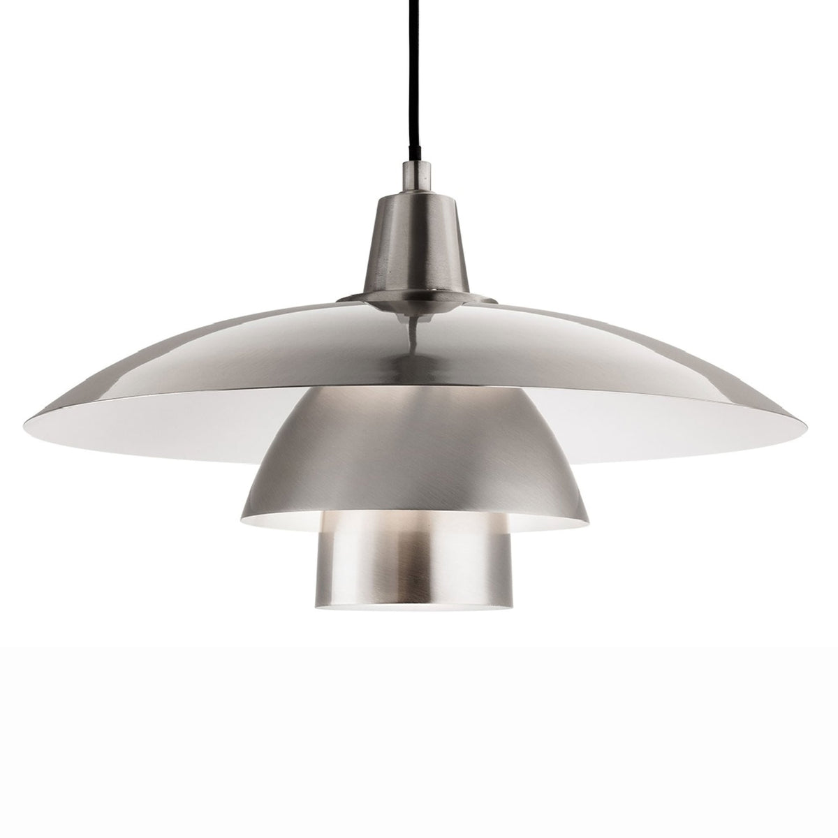 A brushed steel pendant light, featuring a wide, flat top shade and a smaller, domed lower shade.