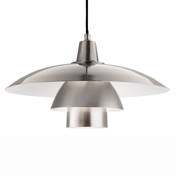 A brushed steel pendant light, featuring a wide, flat top shade and a smaller, domed lower shade.