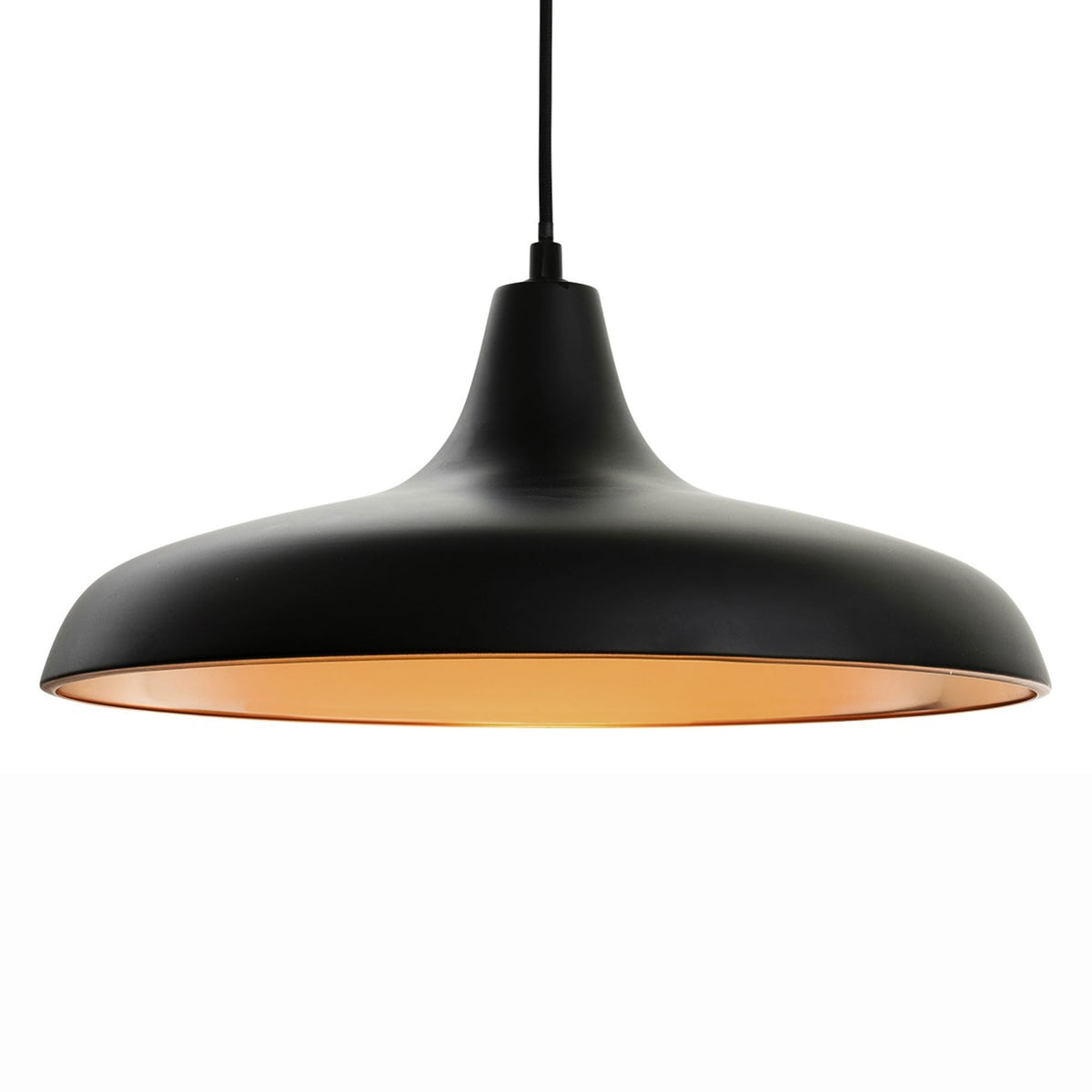 A black pendant light with a wide, flared shade and a warm, golden interior glow.