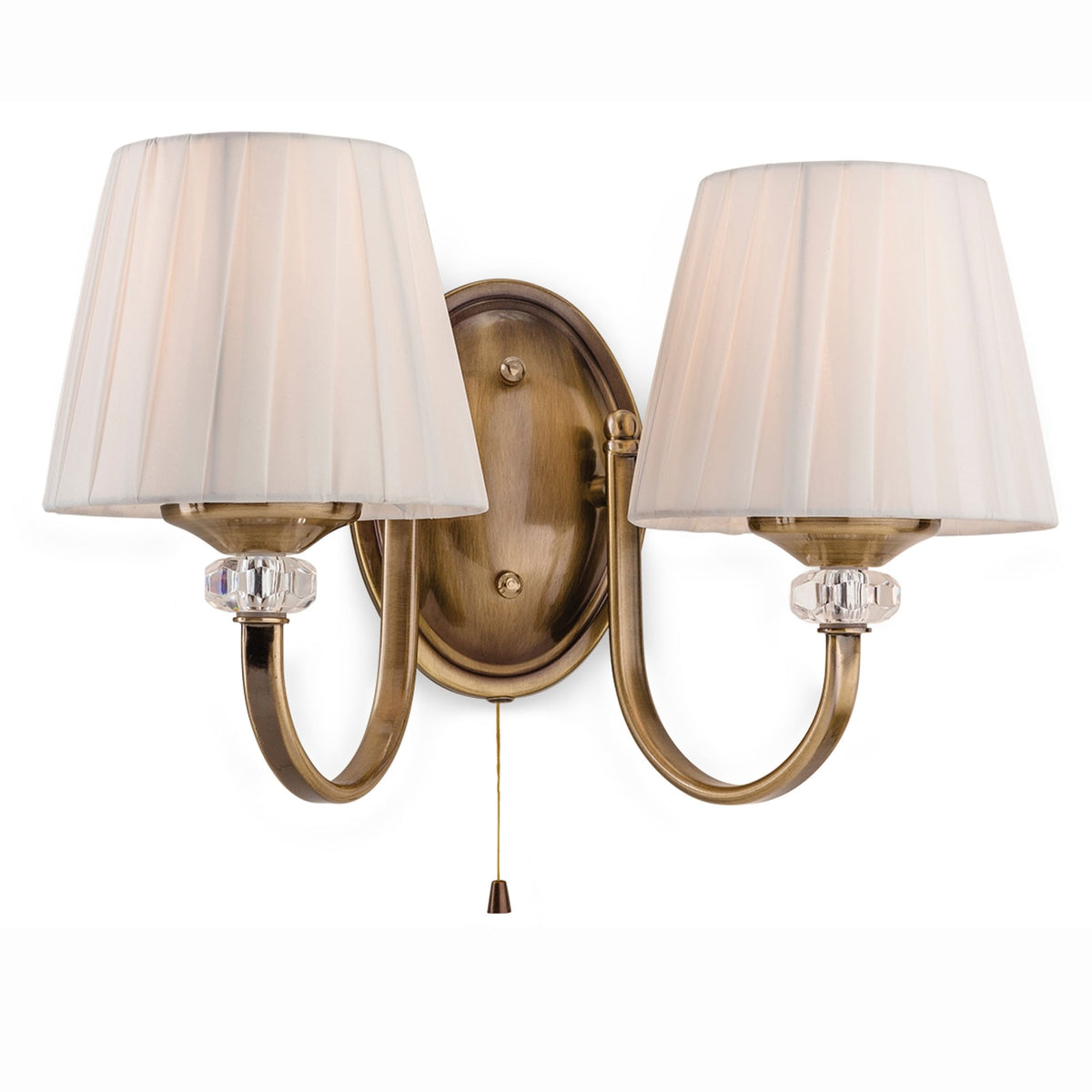 A classic bronze double wall light with pleated shades and crystal accents.