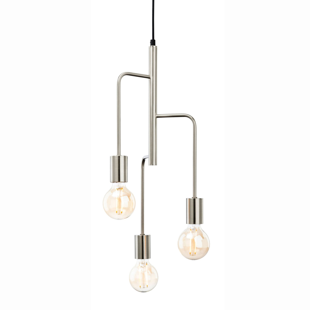 A modern three-bulb pendant light in brushed nickel with exposed filament bulbs.