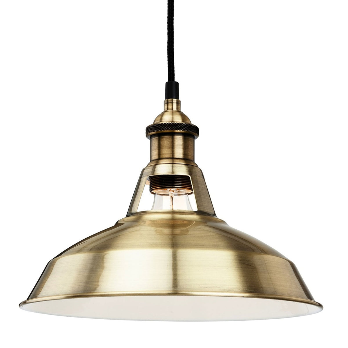 A brass industrial-style ceiling pendant light with a wide, shallow shade and exposed bulb.