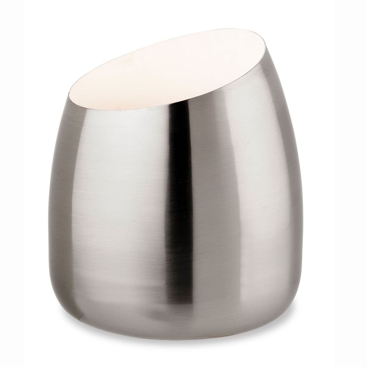 A modern, metallic, brushed-steel-effect, cordless table lamp, with light emanating from the top.