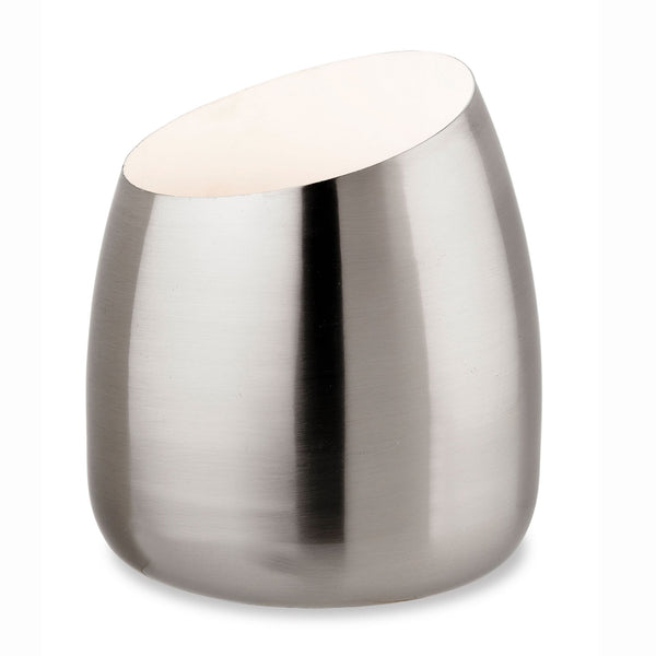 A modern, metallic, brushed-steel-effect, cordless table lamp, with light emanating from the top.